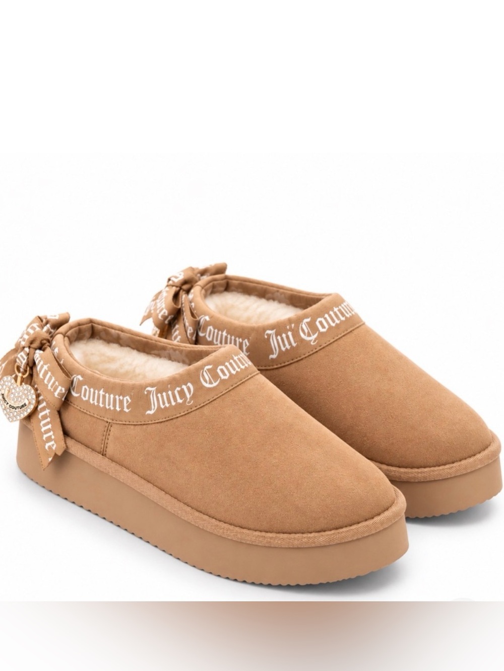 Juicy Couture Camel Tan Plush-Lined Slip-On Mules with Ribbon Bow